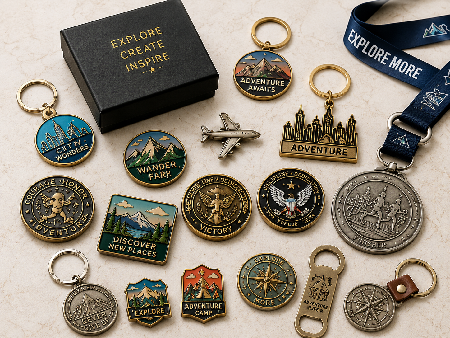 Custom souvenir pins, keychains, coins, medals, lanyards and gift packaging